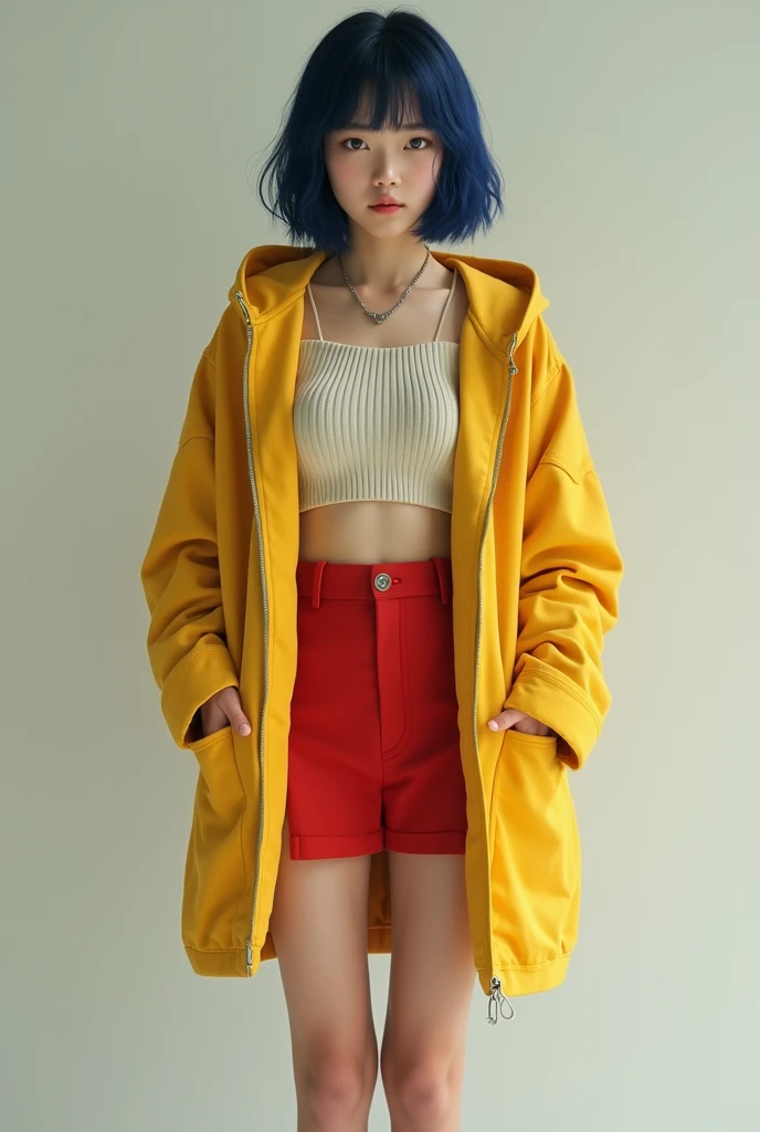  realistic style, 4k, best quality, she, 18 yaer old child, blue eyes, rectangular face type, triangle body type, wearing yellow coat with hood backwards and a red ultra mini skirt above the knee, wearing brown leather womens shoes, dark blue hair with str...