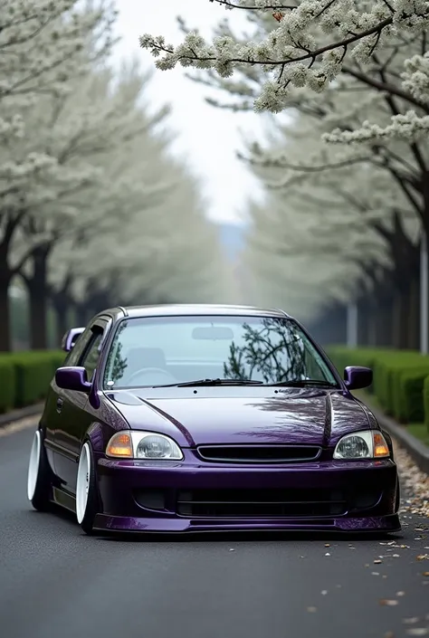 A dark purple 1995 Honda Civic with a front lip and side skirts and simple white wheels in front of trees with white flowers on a street in Japan as a wallpaper.