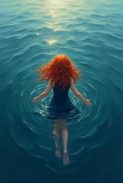 Girl with curly red hair, turned back, swimming in a sea, with navy blue clothes