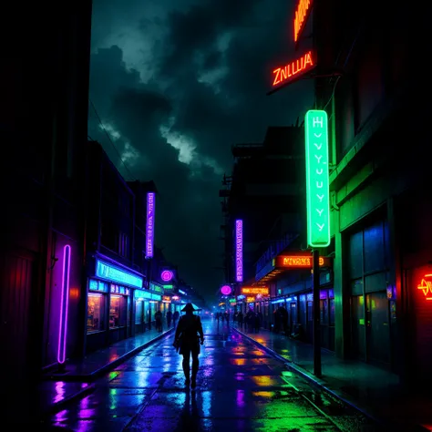 rainy night in a hyrule from the legend of zelda with futuristic look and neon lights