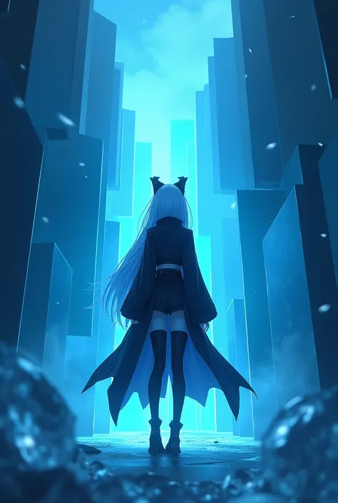 (anime screencap:1.2),  Goth girl, Goth girl 1girl
Anime character with white hair standing in a blue geometric chamber, detailed shading, high resolution, cinematic lighting,
Combat stance, with one leg forward and hands ready,
Volumetric light beams cutt...