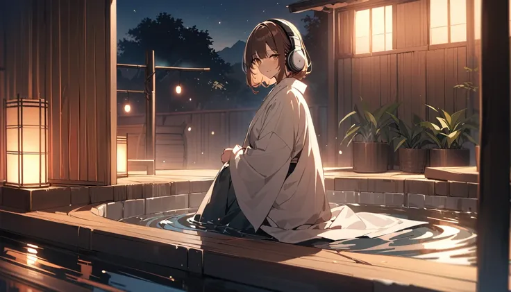 background：Open-air bath。There are bamboo forests all around.、The quiet night sky spreads out。 expression：relaxed smile。The warmth of the hot springs is soothing。 Costume：yukata。My hair is a little damp after taking a bath。 Pause：Sitting on the edge of the...