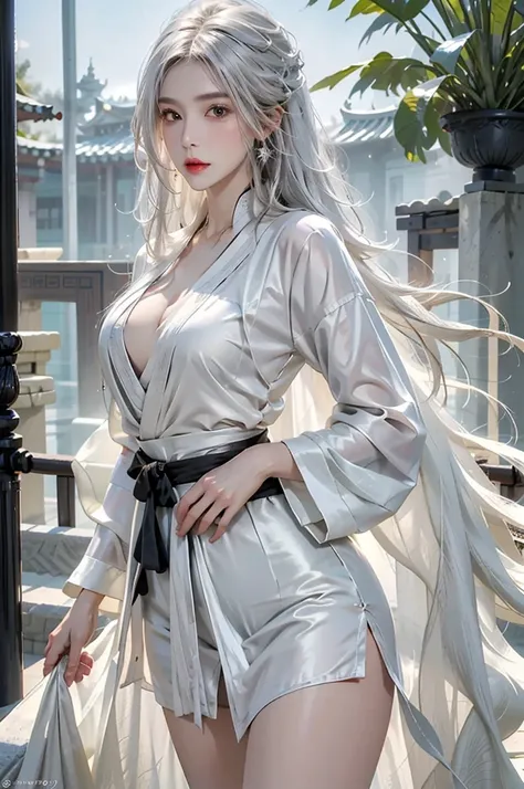 photorealistic, high resolution, 1women, solo, hips up, look at viewer, (detailed face), white hair, long hair, Taoist robe,oversized clothes, jewelry, midjourney portrait