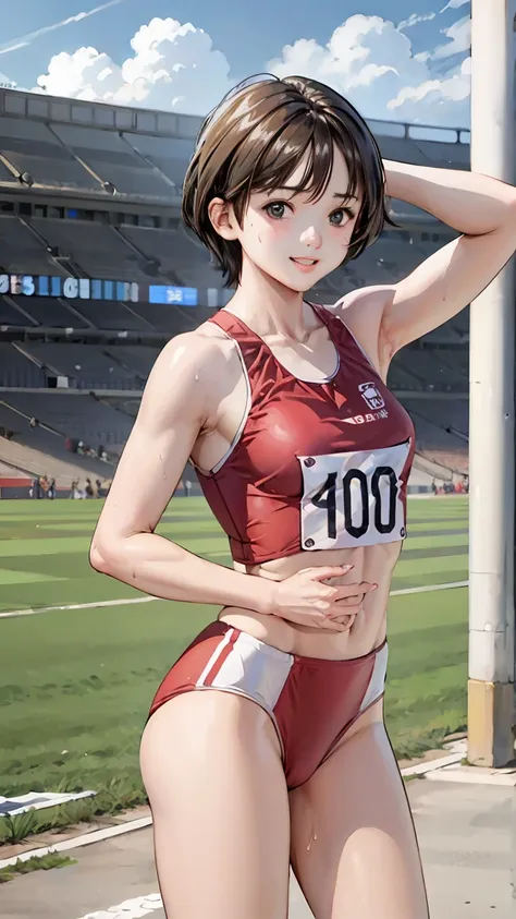 (three girls)、(athletics stadium、truck),、smile、the men are laughing、、short hair、they hesitate,、wet hair,  underarm, mid-chest, r...