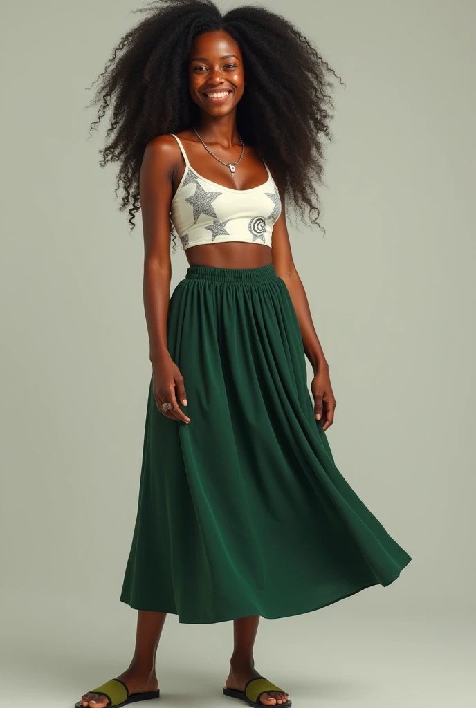 a real image of a young black woman with long afro braids, with freckles on her face and a friendly smile, with silver necklace, a dark green flowing midi skirt, white crop top with gray star and spiral designs on it, and a moss green lolita shoe, fully bo...