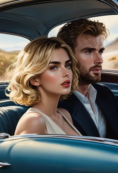 Generate the image of a couple. 
 The beautiful Ana de Armas, gold eyes, short wavy blonde hair. 
And the beautiful Chris Evans.
Both in a car, the scene denotes sensuality and passion.
