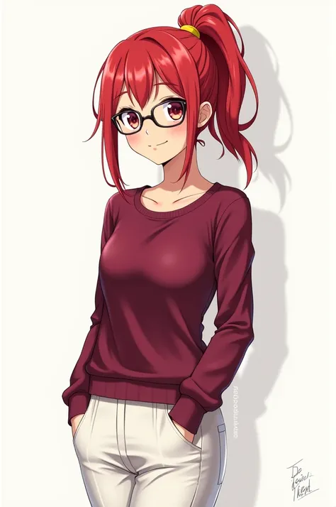 (anime/Cartoon)A  girl with red hair tied in a ponytail,with glasses,with a wine-colored blouse and white pants 