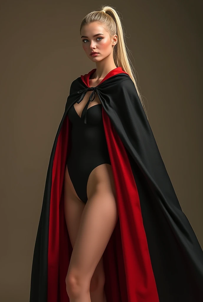 Full body portrait, (RAW Photo) , beautiful blue-eyed girl in her 20s with long blonde hair in ponytail , (((ankle 
length ((black and red lined satin cape:1.20))+++ tied at the neck))) , leotard , full body, slight skin 
blemishes, sly smile, high-quality...