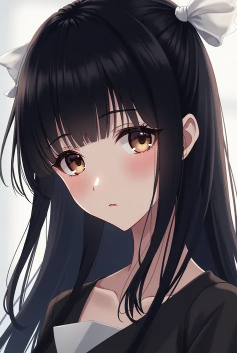 An anime girl who has long black hair that she wears tied back with a white ribbon at the bottom of her hair. , Her straight bangs cover her entire forehead.. His eyes are light brown but can sometimes appear black. His skin is pale so it contrasts greatly...