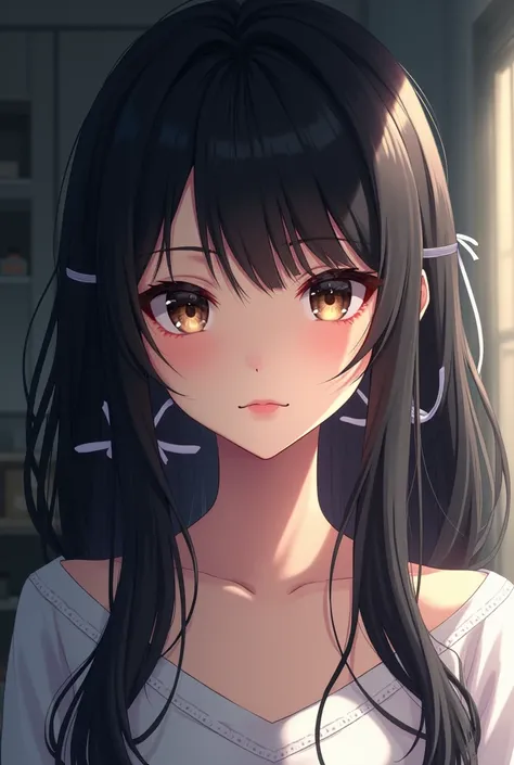 An anime girl who has long black hair that she wears tied back with a white ribbon at the bottom of her hair. , Her straight bangs cover her entire forehead.. His eyes are light brown but can sometimes appear black. His skin is pale so it contrasts greatly...