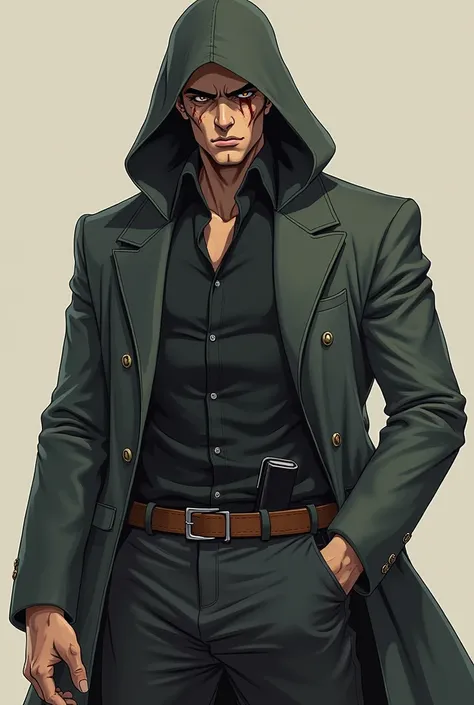 make a man with the features of the jojo anime with a knife kit and with more discreet clothes and with a hood and scars