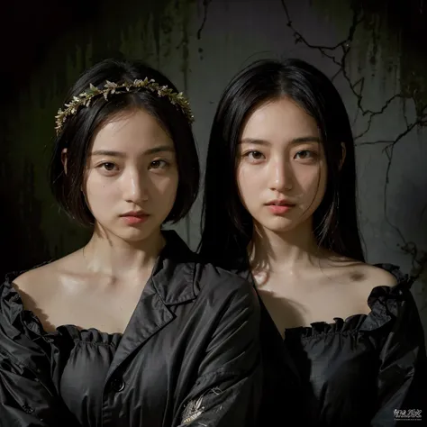 Identical twin sisters、Surrealistic Portraiture: Create a Portraiture of a character by mixing realistic and surreal elements. for example, You can combine human faces with animal elements, Plants or inanimate objects.Front Focus), (In the Dark:1.6), Portr...