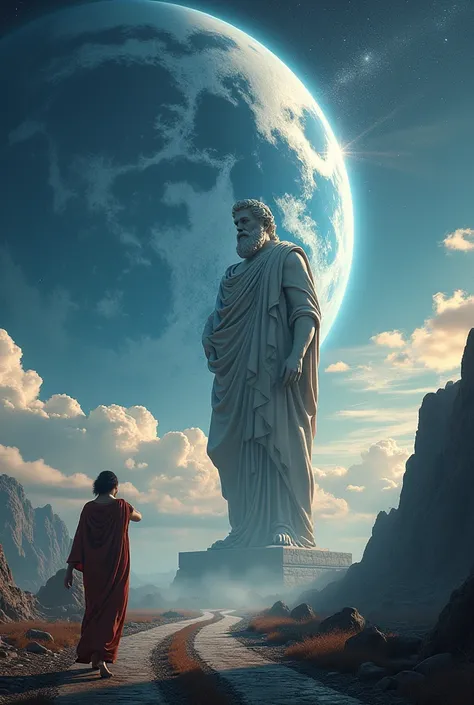 ((work of art))，(best qualityer))，greek style，in the universe，A huge statue of the God Zeus stands in space，Look at the earth，Zeus standing，glimmering，glow effect，women on the road，Hyper-Realism，hyperphotorealism，real photography，8k，High definition，high qu...