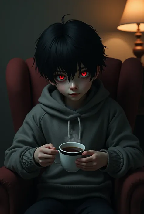 Black-haired, red-eyed cannibal boy wearing a sweater with a coffee in his hands and a small smile sitting on an armchair.