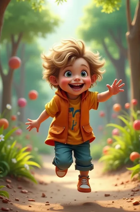 A small and mischievous being, with vibrant clothes and a big smile. Could be in a dynamic pose, jumping or running, in an environment that represents joy and curiosity, like a colorful forest or an amusement park.