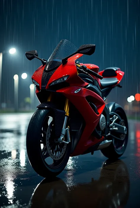 a wallpaper with a red and black bmw s1000rr motorcycle, pendant la nuit, with rain 