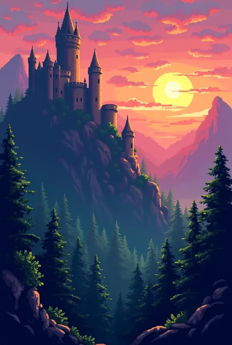 Pixel art landscape, sunset at a castle on a mountain, view from a forest 