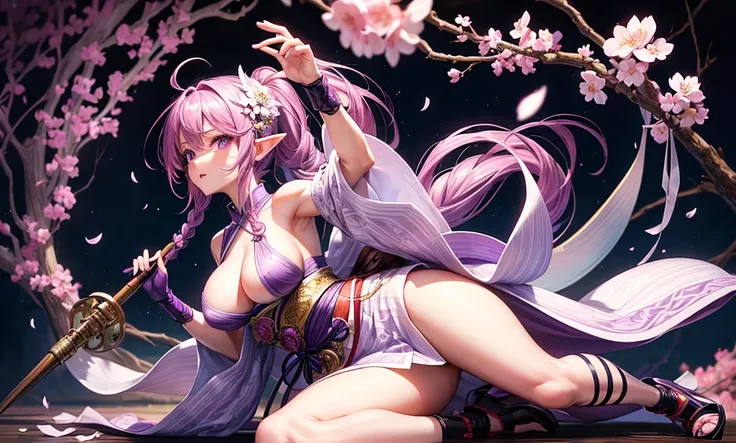 girl, , bright skin, long purple hair, braided into one ponytail, purple eyes, white yukata with open legs and sakura petals, slim, nice legs, black belt, black gloves, purple sakura flowers, purple long cloak, detailing,  ideal, red and black bracelets on...