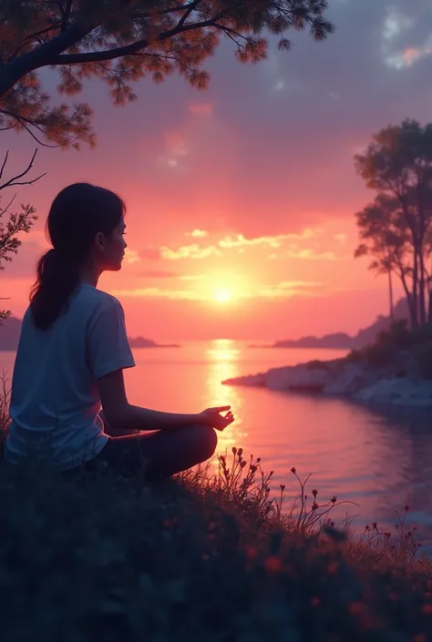 Cut to a serene scene of the person sitting quietly, watching a sunset, with a peaceful expression.
