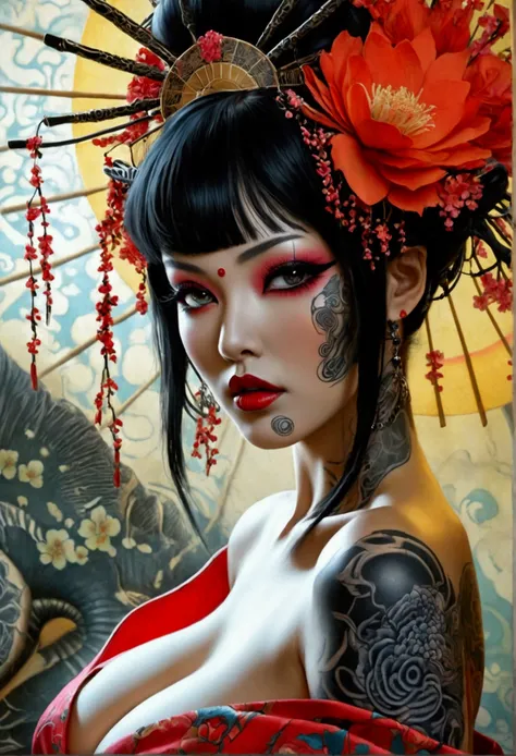 Stunningly gorgeous beautiful perfect hr giger inspired inspired tattooed sexy seductive Geisha lulu , perfect face, hyper detailed vibrant eyes, large breasts, full body view, nude, no color black and gray only, show complete body, tattooed underboob,