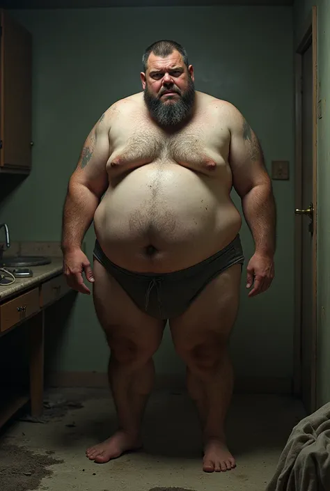  You could generate the image of an obese man in underwear, hairy, beardless and dirty.