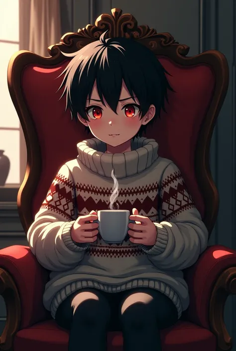 Young cannibal anime boy with black hair and dark red eyes wearing a sweater with a coffee in his hands and a small smile sitting in an armchair.