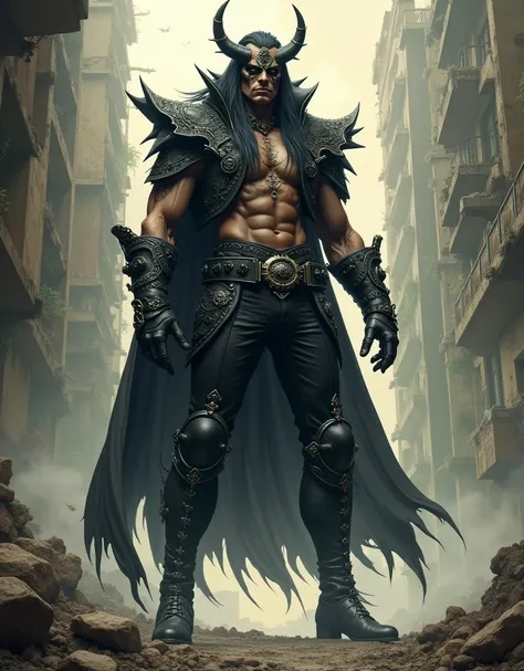 A picture of an antagonist apocalypse warlord with a style of a glam metal rock star, Don Lawrence style with Studio Ghibli aesthetic