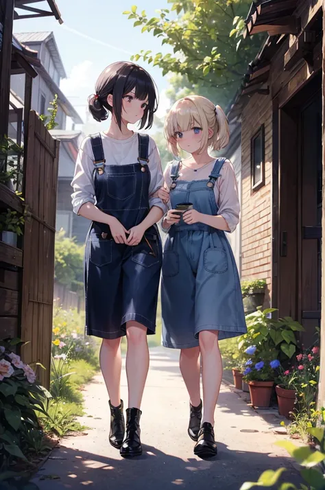 (masterpiece), 4K,{{{2 women}}}, Lesbian，shoes，,Random Hairstyles,((Lesbian )),Shooting from afar,During farm work,Overalls,camisole,garden,Holo,apron