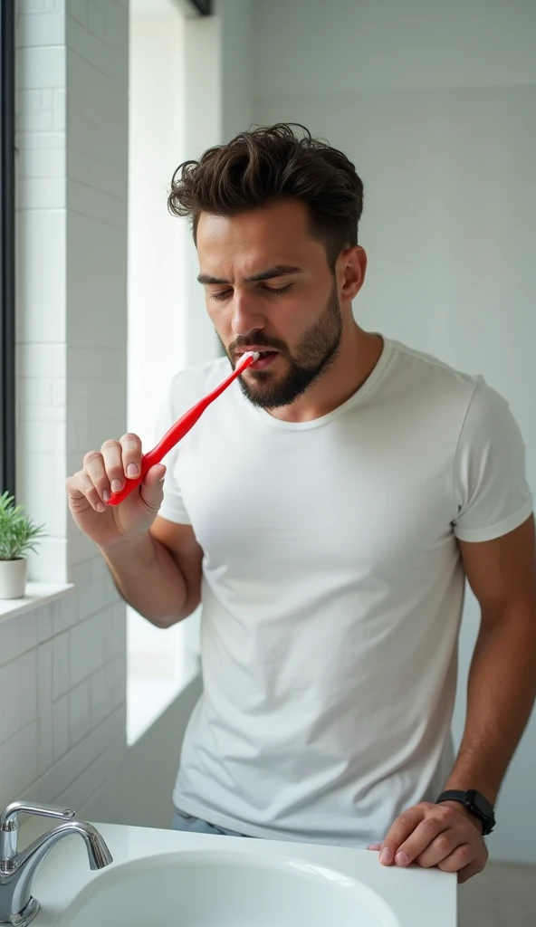 The man brushing his teeth, red toothbrush, mint flavor wafted from the mouth, refreshingly surprised