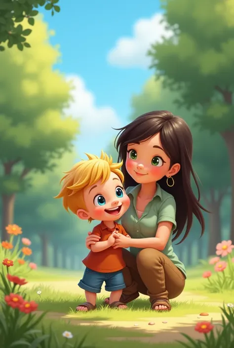 A three-year-old blond, blue-eyed boy playing in the park with his dark-brown-haired, green-eyed mother 