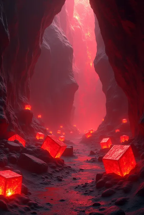 A cave with red, square crystals.
