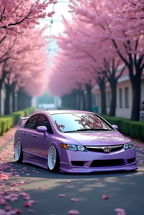 A 2008 Honda Civic in lavender color with a front lip and side skirts and simple white wheels on a street in Japan with realistic flowering tree scenery in wallpaper format.