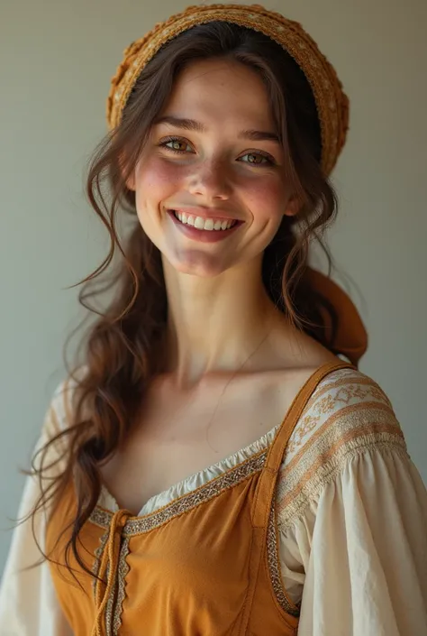 a real image of a young white woman with brown hair, freckles on her face and a friendly smile, wearing a headscarf matching her peasant dress, fully body