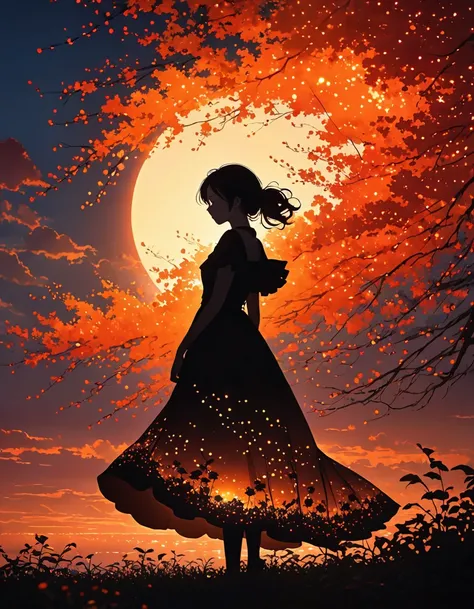 The image depicts a silhouette of a girl standing against a stunning sunset background. The sky transitions from a deep Orange  near the horizon to a deep red as it ascends. The figure appears to be enveloped in a series of tiny glowing fairy lights, some ...