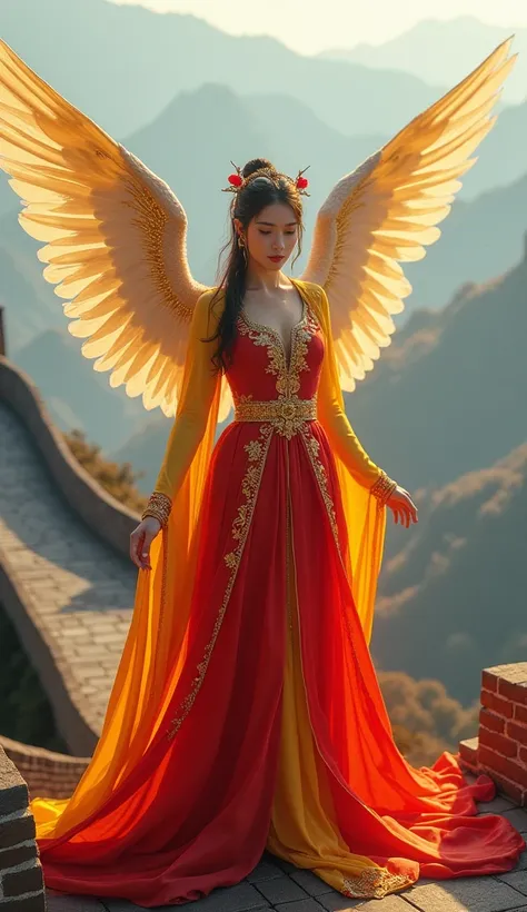 Very beautiful woman angel, Chinese flag themed costumes, Standing on the Great Wall of China