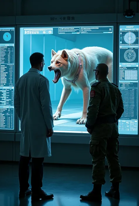 In a control room. One screen is with a hybrid dog-like creature with large green and gray fangs strapped to an experimental stretcher and another screen is showing information data and DNA of the creature. . And that this is a male scientist . And a male ...