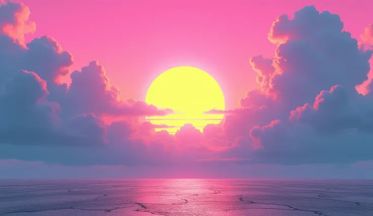 Vice City GTA, pink, blue and yellow sky with a yellow sun, retro sky, grey retro ground, no clouds