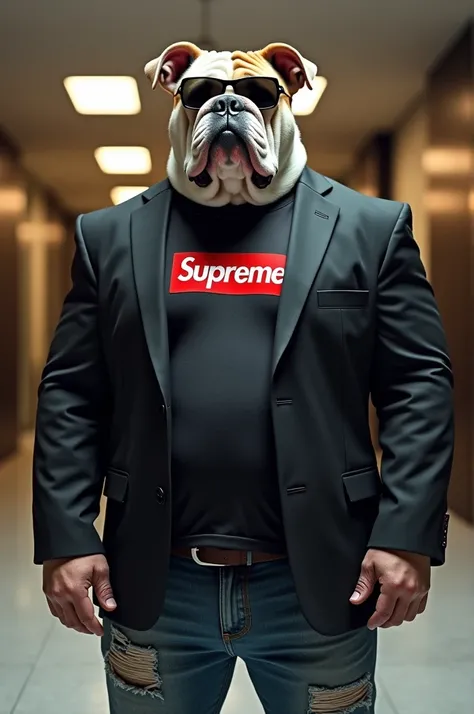 A bulldog with a very good looking jeans on a supreme back shirt and sunglasse abd on is both sime security guard with suit