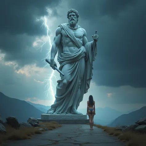 ((work of art))，(best qualityer))，greek style，in the universe，A huge statue of the God Zeus stands in space，Look to the camera，Zeus standing，Zeus holding a thunderbolt, glimmering，glow effect，naked woman with big breasts on the road，Hyper-Realism，hyperphot...