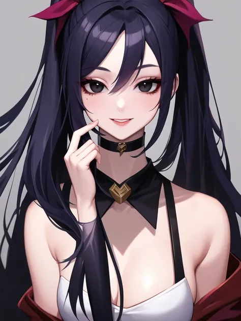 1 girl, Jinx (League of Legends) long hair, ssmile, black hair, choker, black eyes, sensitive masterpiece, the newest, absurderes,very aesthetic,best qualityer, redgown, she will be on Ticci Toby&#39;s side