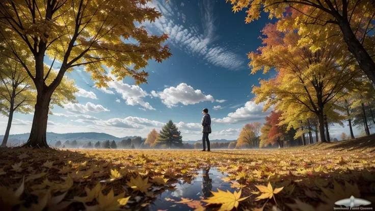 Wallpaper, autumn standing, Maple Leafs, trees, sky, White clouds, high definition detail, wet watermark, Hyperdetail, movie, Surrealism, luz outfit, deep field focus bokeh, ray tracing, diffusion (ultra-thin glass reflection) and Surrealism. 