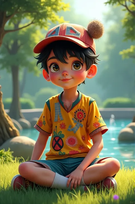 A boy in homemade sportswear with a bizarre cap sitting in a park 