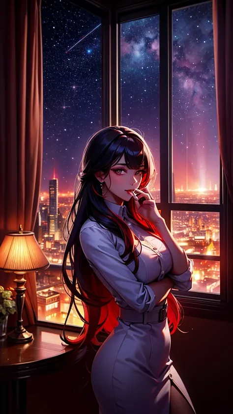 woman in front of a large window overlooking the city at night, starry sky and view of the illuminated city, smoking a cigarette, with long hair, next to a lamp with crimson light