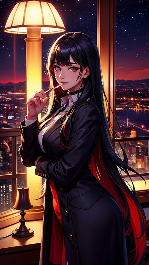 woman in front of a large window overlooking the city at night, starry sky and view of the illuminated city, smoking a cigarette, with long hair, next to a lamp with crimson light