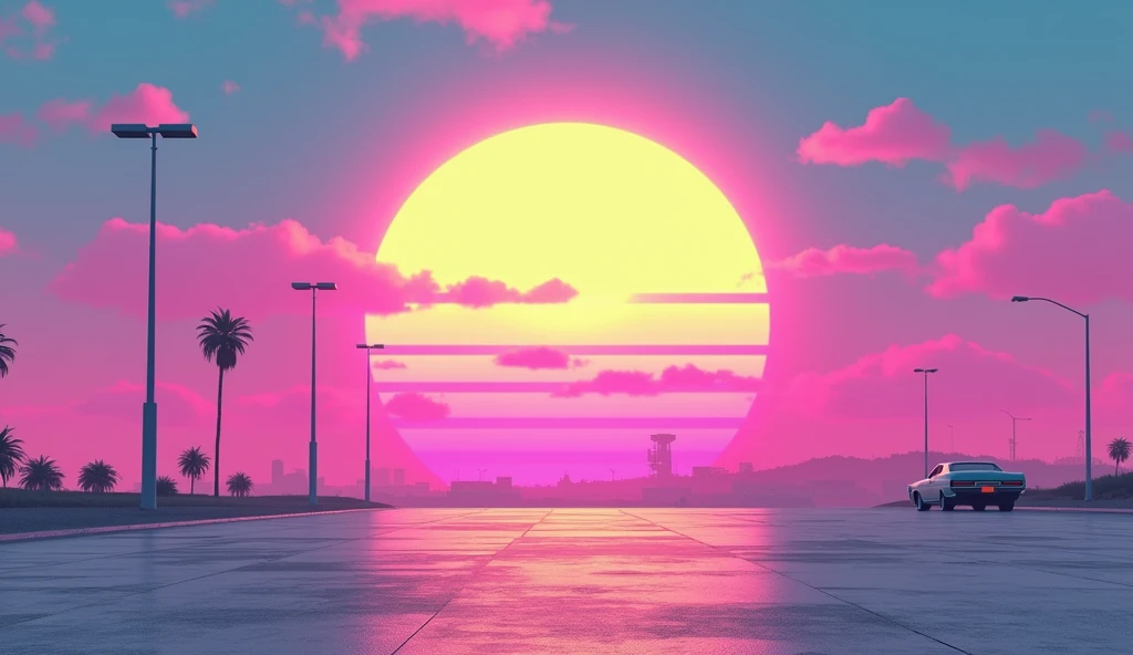 Vice City GTA, pink, blue and yellow sky with a yellow sun, retro sky, grey retro ground, no clouds