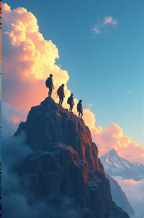 4. *Mountain of Decisions*: An epic scene where the three characters are climbing a mountain. The landscape can be spectacular and magical, with bright clouds and vibrant colors that reflect the emotions.