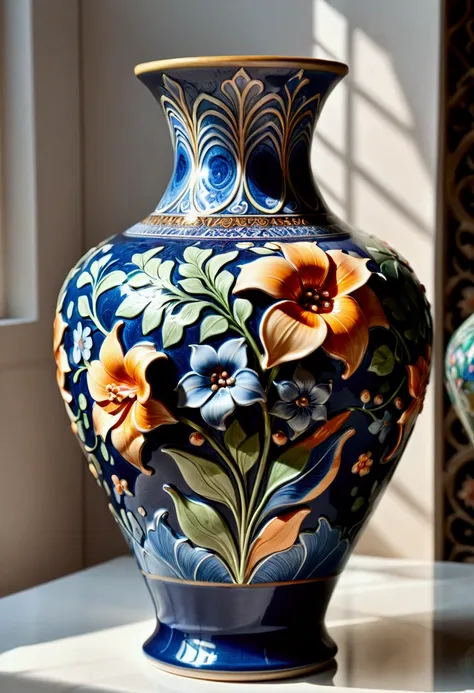 ceramics, a beautiful ceramic vase, hand-crafted, intricate floral patterns, glossy glazed surface, (4k,8k,highres:1.2), ultra-d...