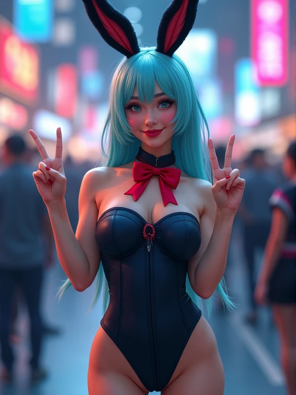 realistic adorable cosplay influencer, aqua blue hair and bangs with black long bunny ears, smile, , black strapless one piece, dark blue nylons, red bow-tie, at a comic convention, one hand giving a peace sign