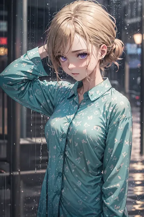 ((teal coloured buttoned up pyjama shirt)), (naked bottoms, wearing nothing but her shirt), raining heavily, (patterned), outsid...