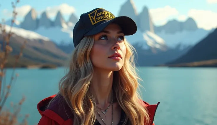 Create an image for the best music to Relax with the Magic of Chilean Patagonia, with images of Torres del Paine, a beautiful sexy tourist woman face, blonde, thick lips, in winter in Chilean Patagonia. brand cap "Tangos Vandals"